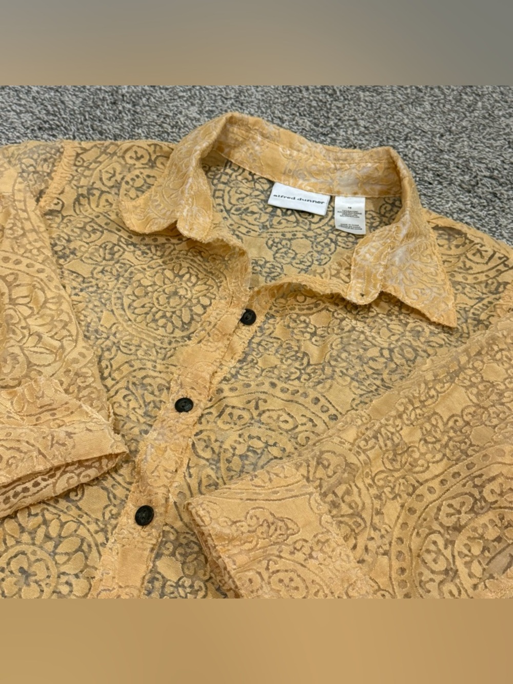 Alfred Dunner Vintage 90s Shirt 16 Sand Yellow Sheer Satin Jacquard Boho Floral